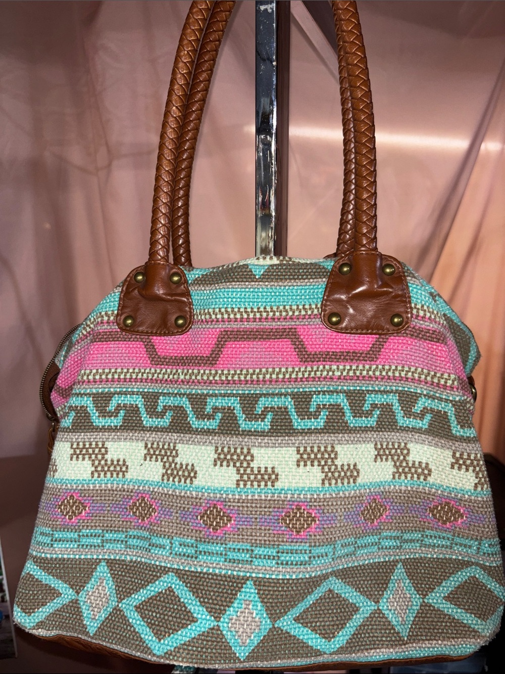 Woven Aztec Brown and Pink Boho Tote Bag with Turquoise Accents